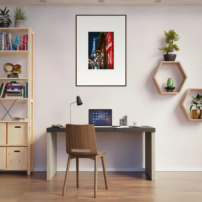 Modern home office showcasing neon whispers in decor and framed wall art elements