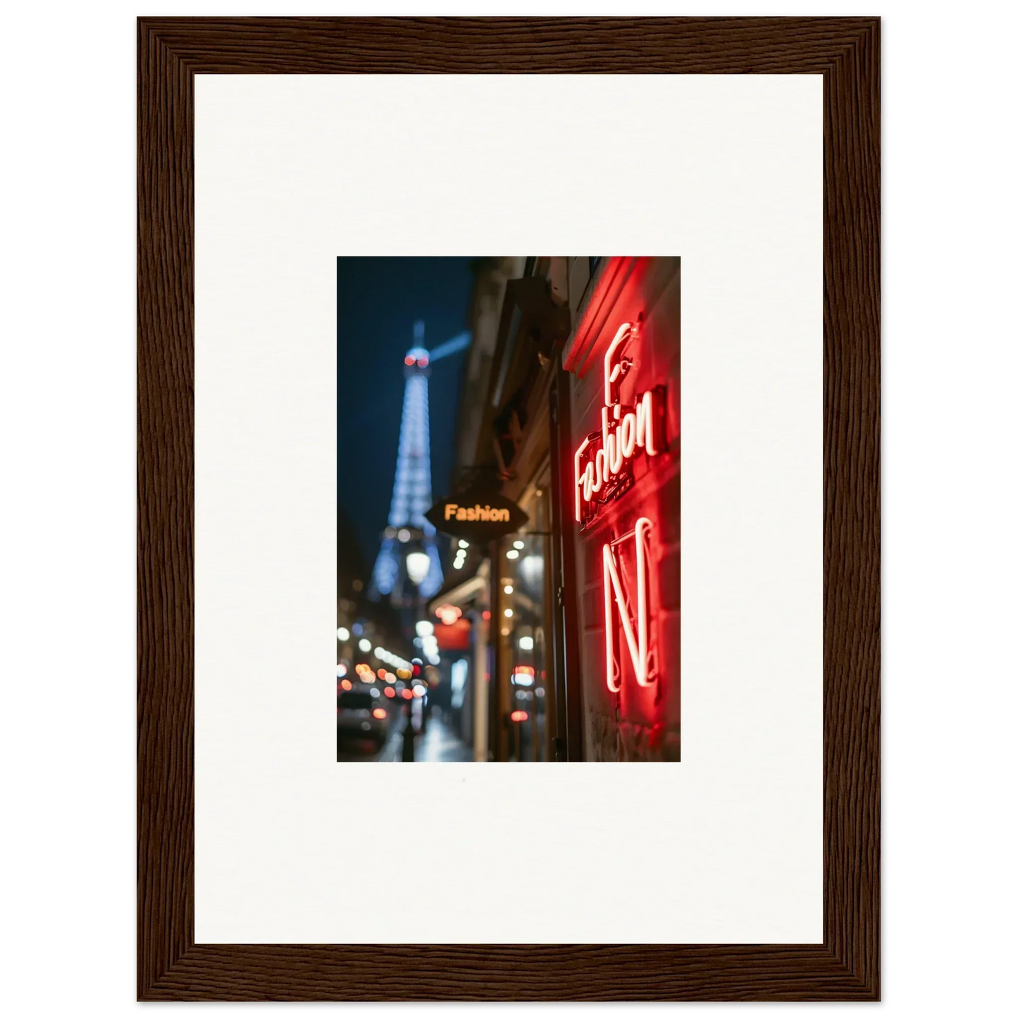 Framed wall art of a Parisian street with neon whispers and the Eiffel Tower