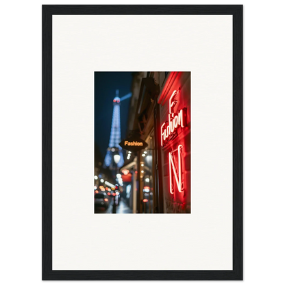 Framed wall art of a Paris street scene with Eiffel Tower and neon whispers for room decor