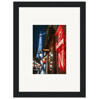 Framed wall art of a Parisian street with Eiffel Tower and neon whispers for room decor