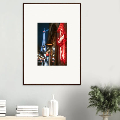 Framed wall art of a Parisian street with Eiffel Tower and vibrant neon whispers