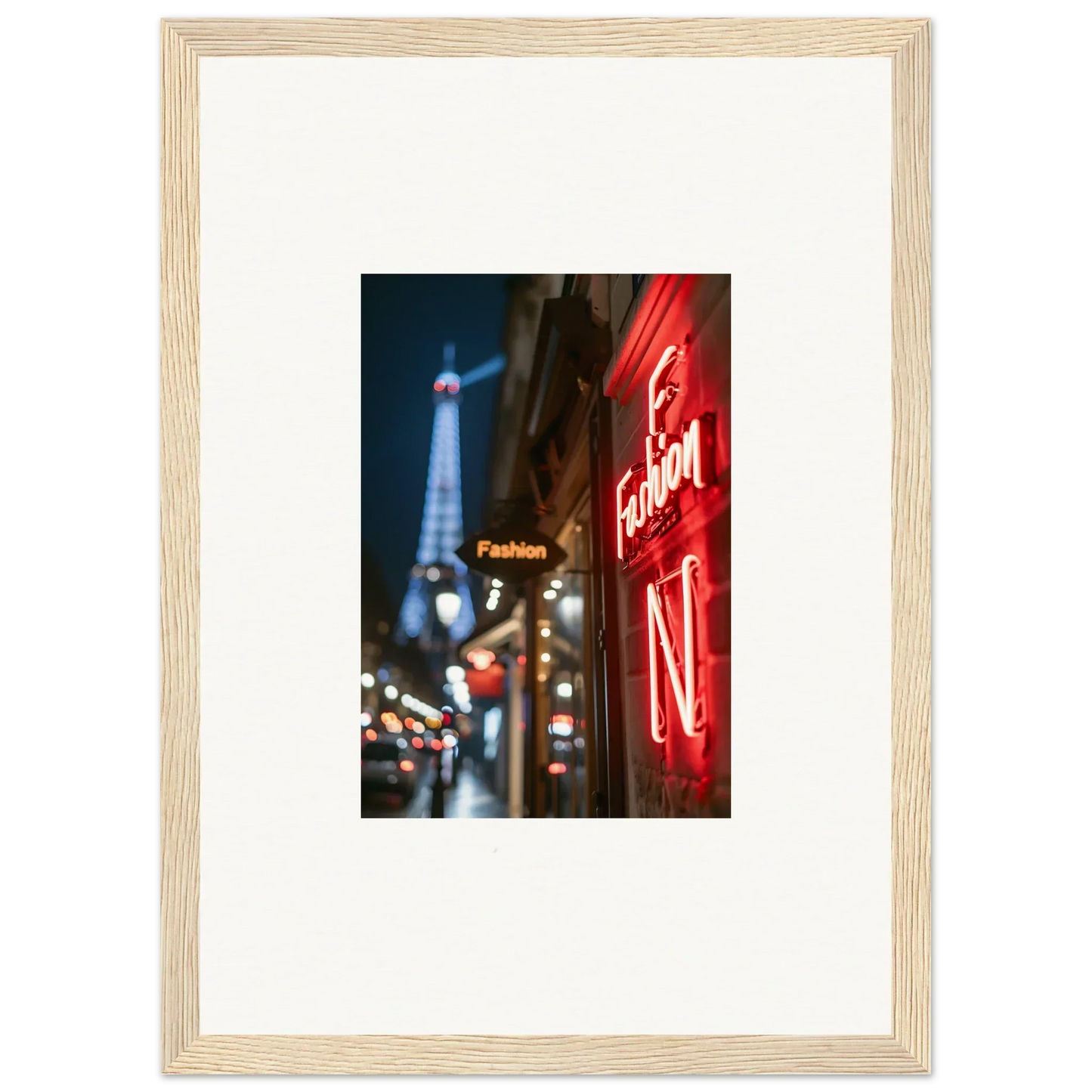 Framed wall art of a Parisian street scene with Eiffel Tower and neon whispers