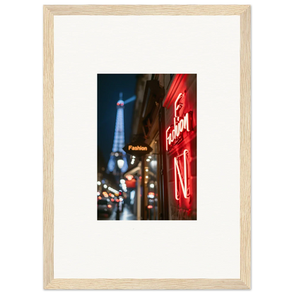 Framed wall art of a Parisian street scene with Eiffel Tower and neon whispers