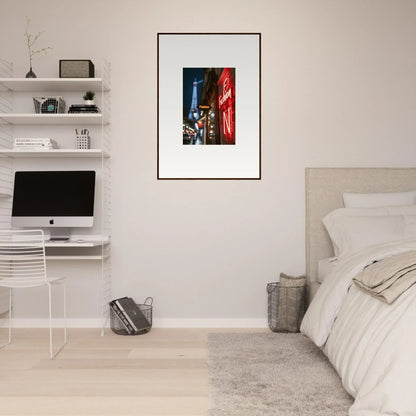 Framed wall art of neon whispers in a vibrant urban nighttime scene for room decor