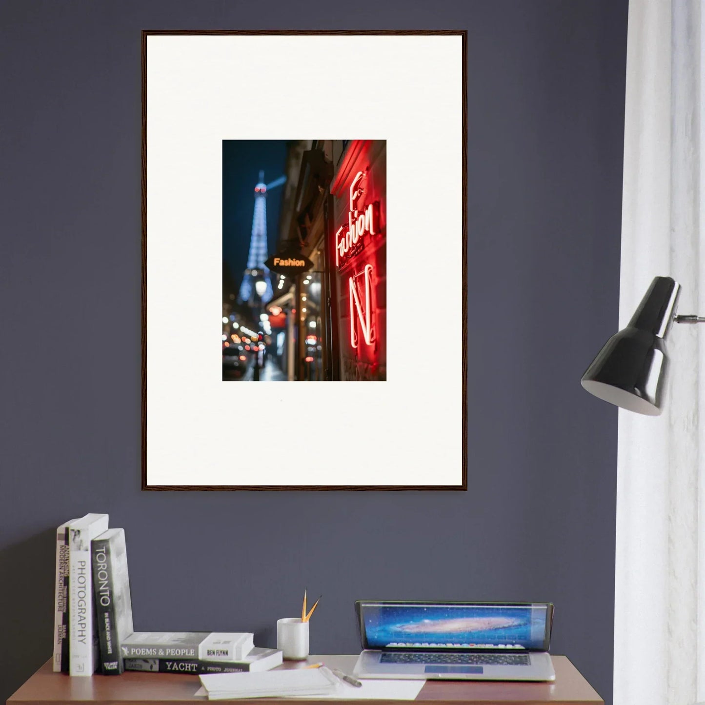 Framed wall art of a Parisian street with neon whispers and the Eiffel Tower