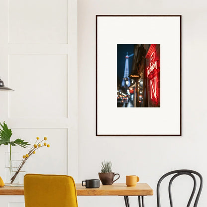 Framed wall art of Eiffel Tower at night with neon whispers for stylish room decor