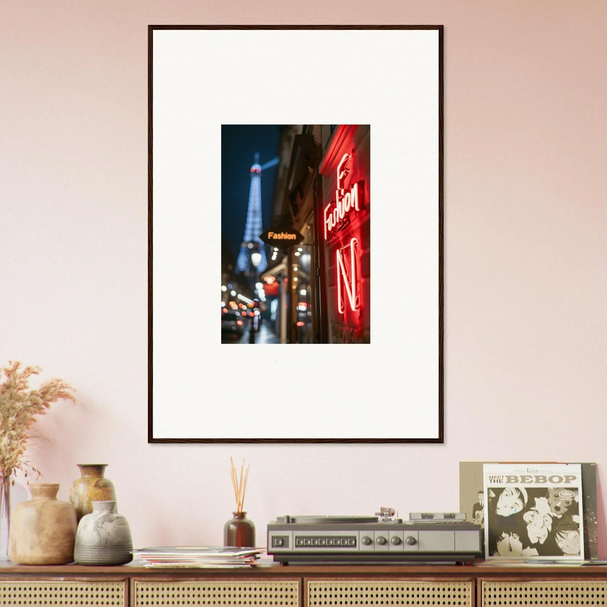 Framed wall art of a nighttime city street with neon whispers and the Eiffel Tower