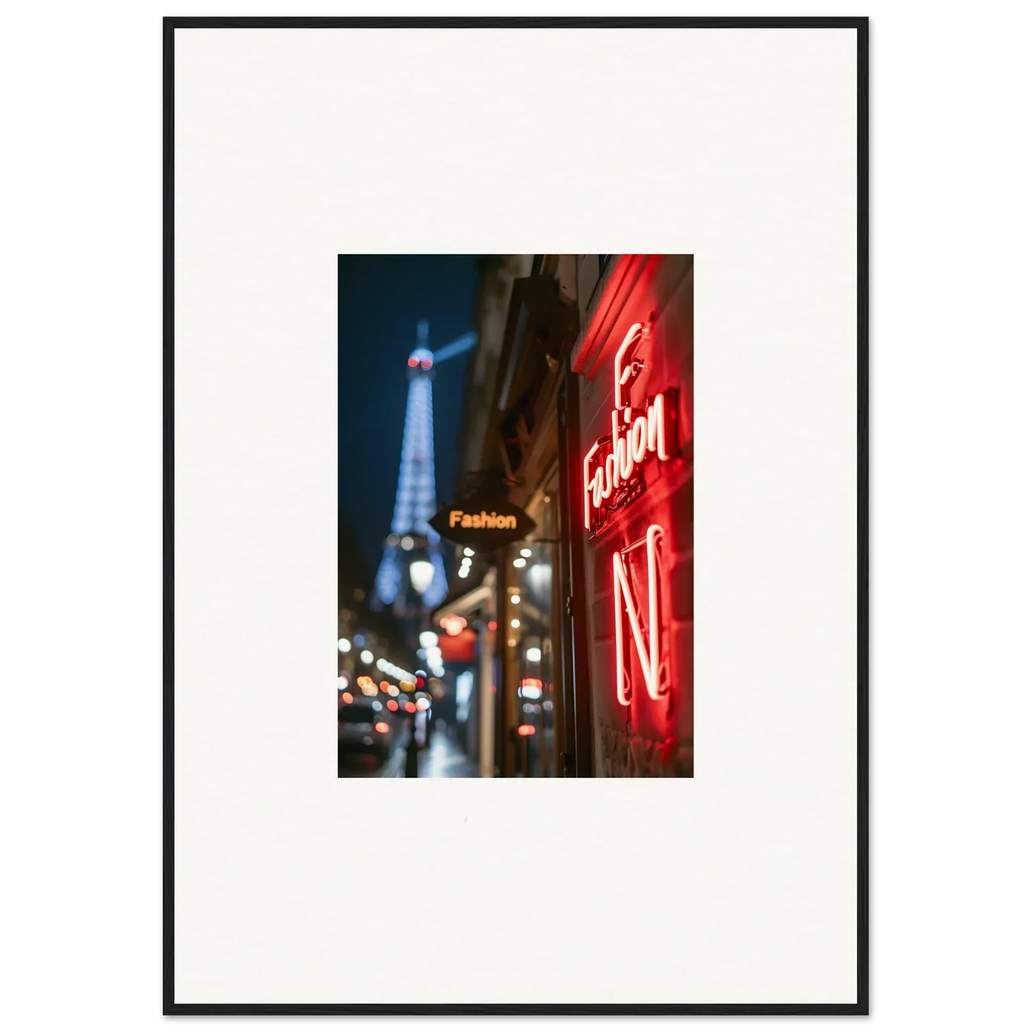 Framed wall art of a Parisian street with the Eiffel Tower and neon whispers for room decor