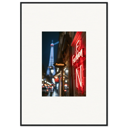 Framed wall art of a Parisian street with the Eiffel Tower and neon whispers for room decor