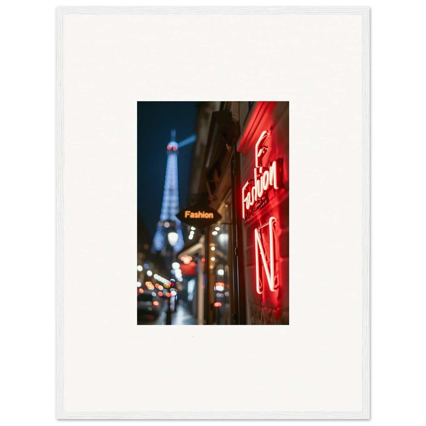 Illuminated Eiffel Tower amid neon whispers in a vibrant Paris street scene for room decor