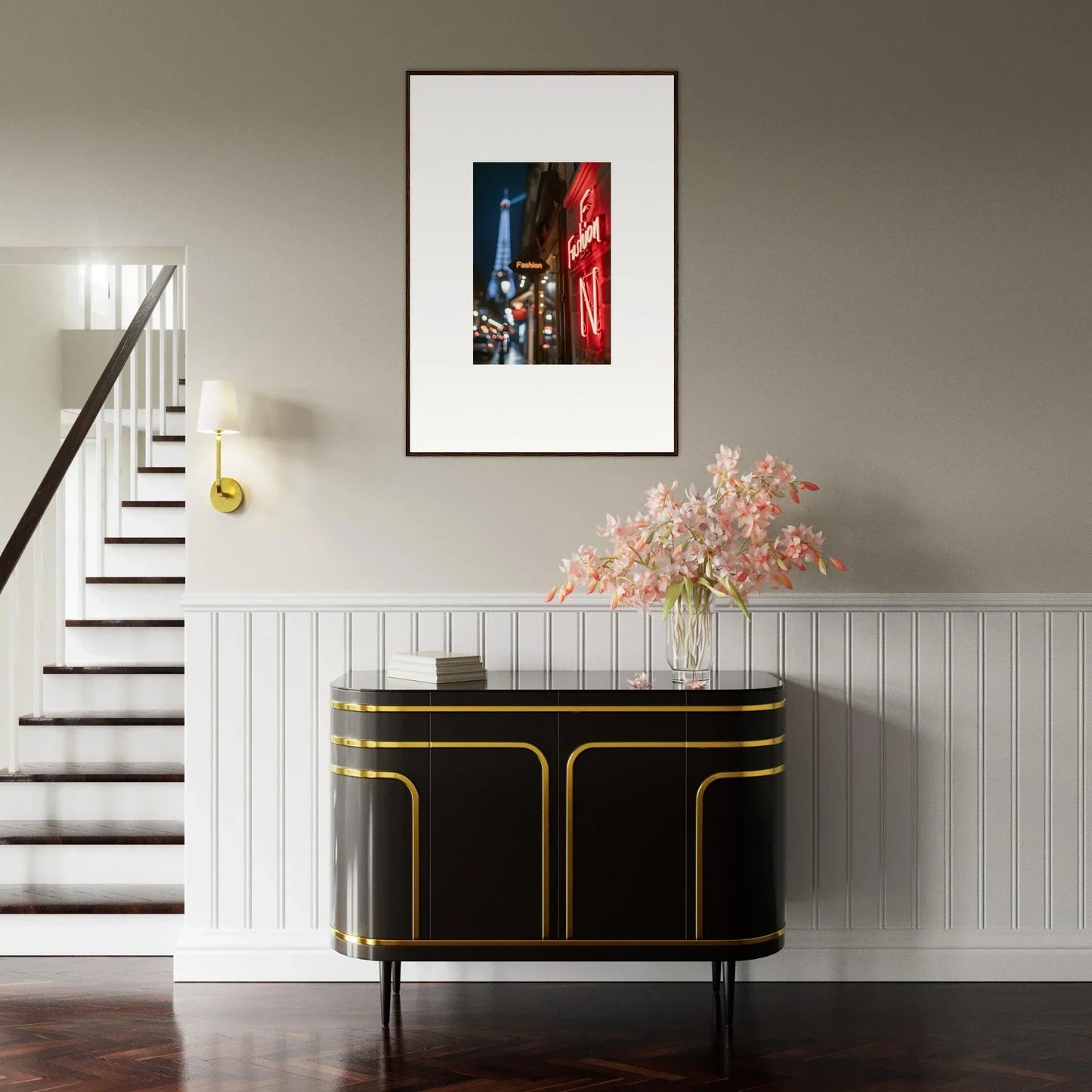 Elegant black and gold console table for stylish room decor with neon whispers