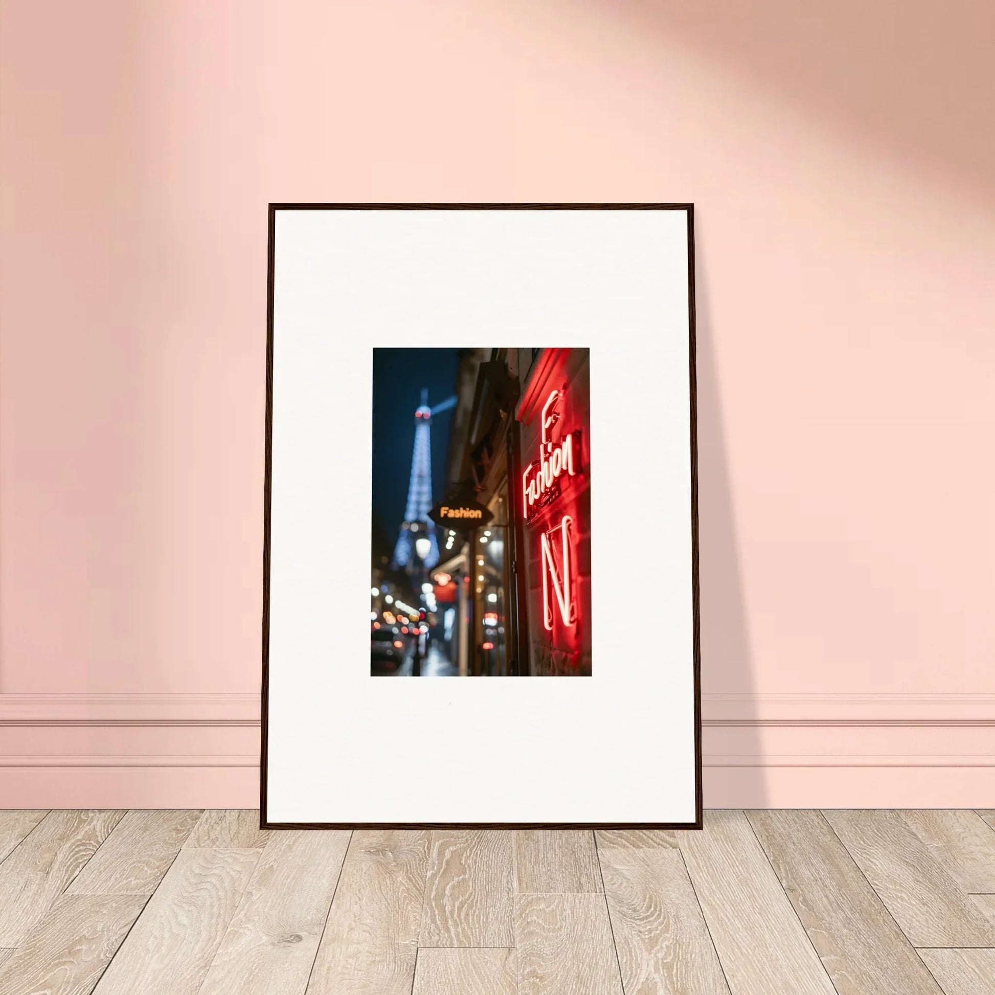 Framed wall art of Paris street scene with Eiffel Tower and neon whispers for room decor