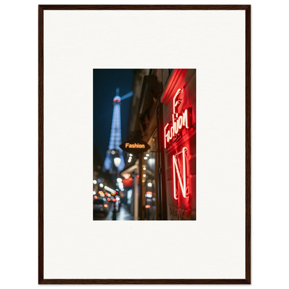 Framed wall art of a Parisian street with Eiffel Tower and neon whispers for room decor