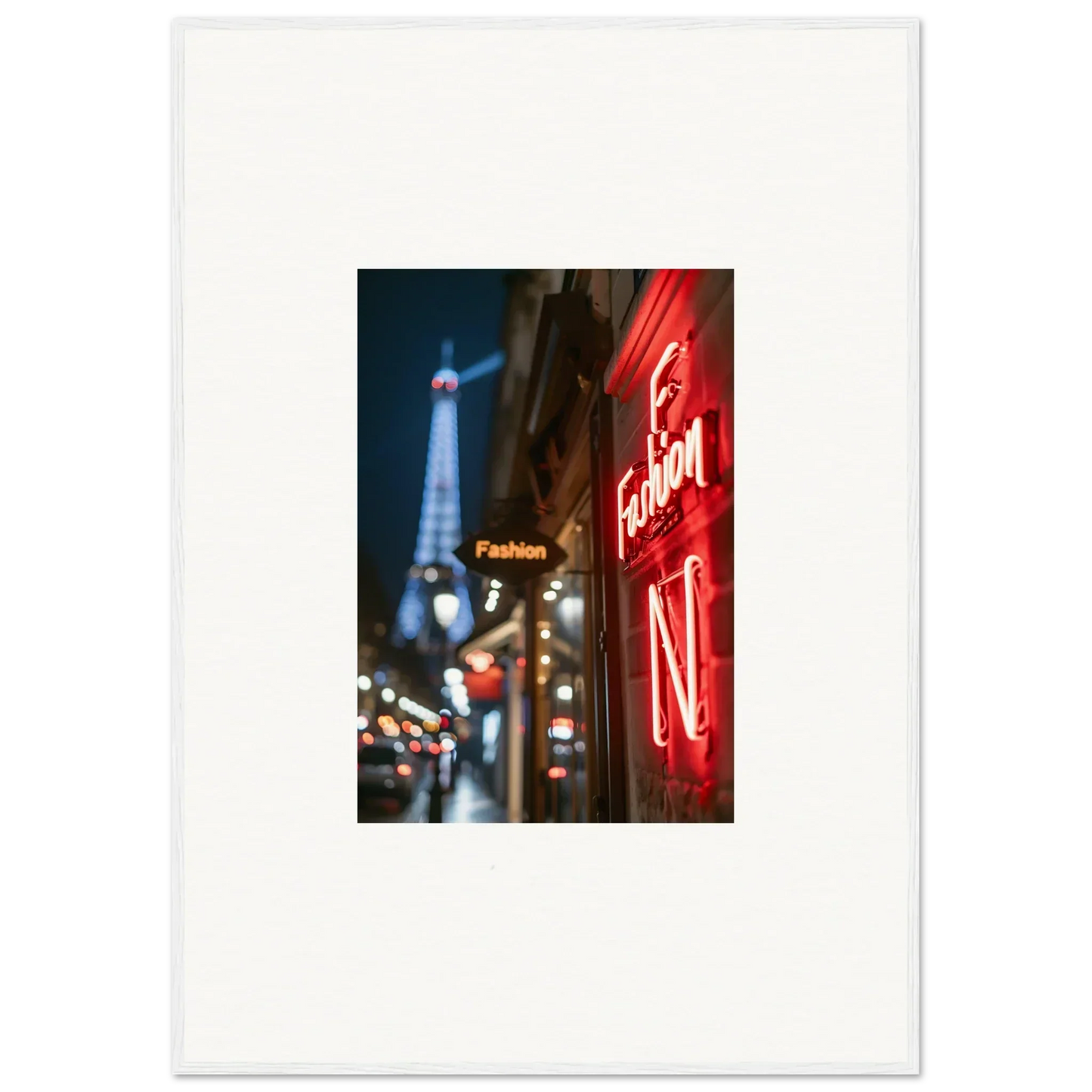 Neon sign reading Fashion with Eiffel Tower backdrop for stylish room decor and framed wall art