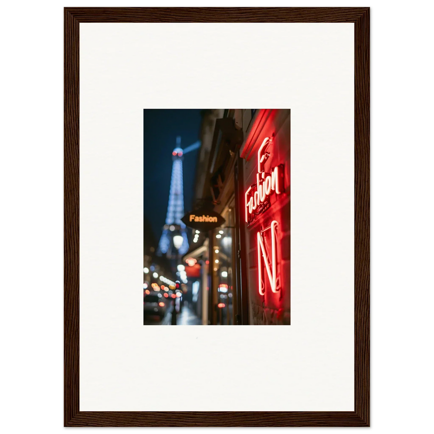 Framed wall art of a Parisian street scene with neon whispers and the Eiffel Tower