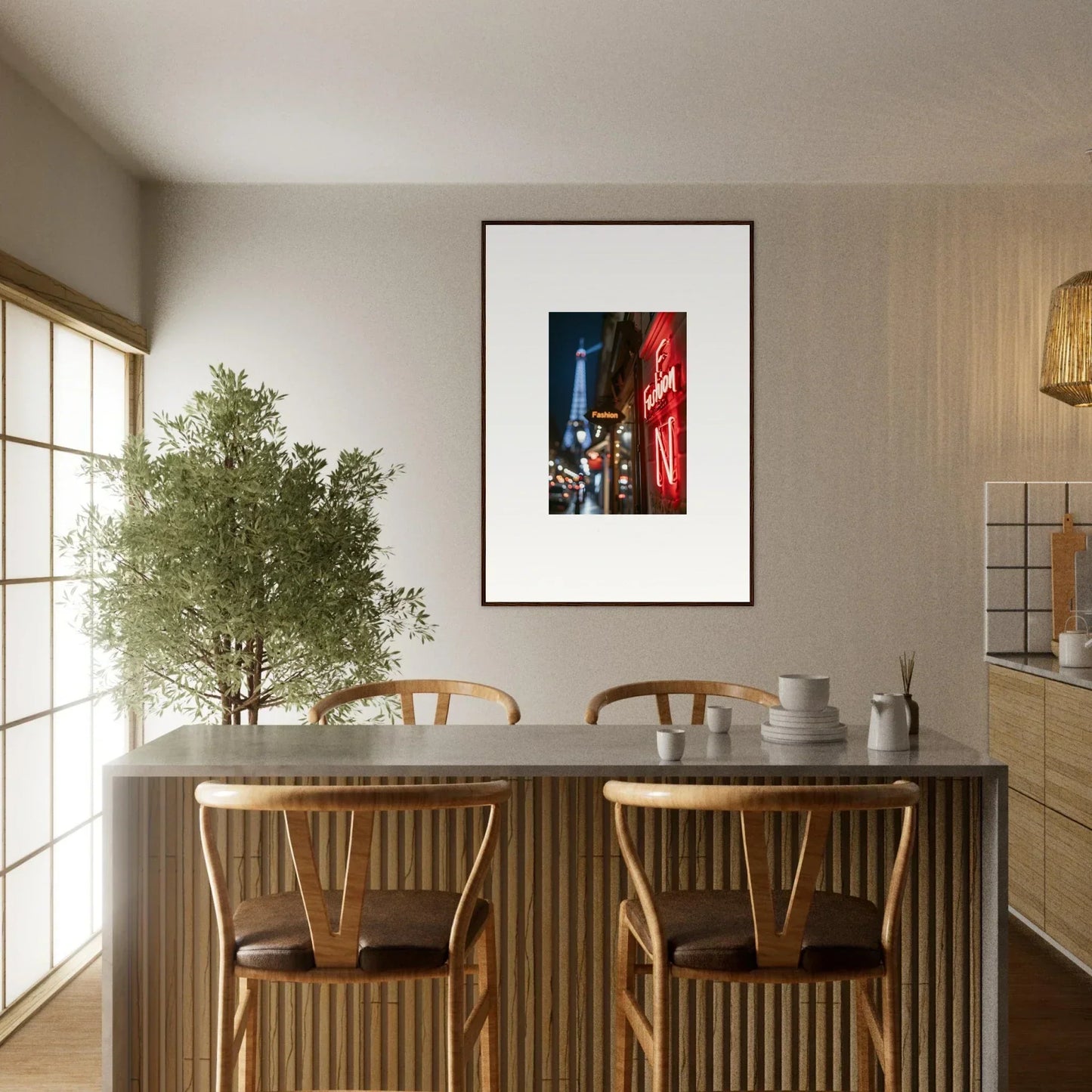 Dining area featuring chairs and a potted tree, perfect room decor for Neon Whispers