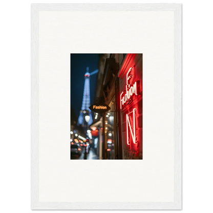 Framed wall art of a Parisian street with neon whispers and the Eiffel Tower