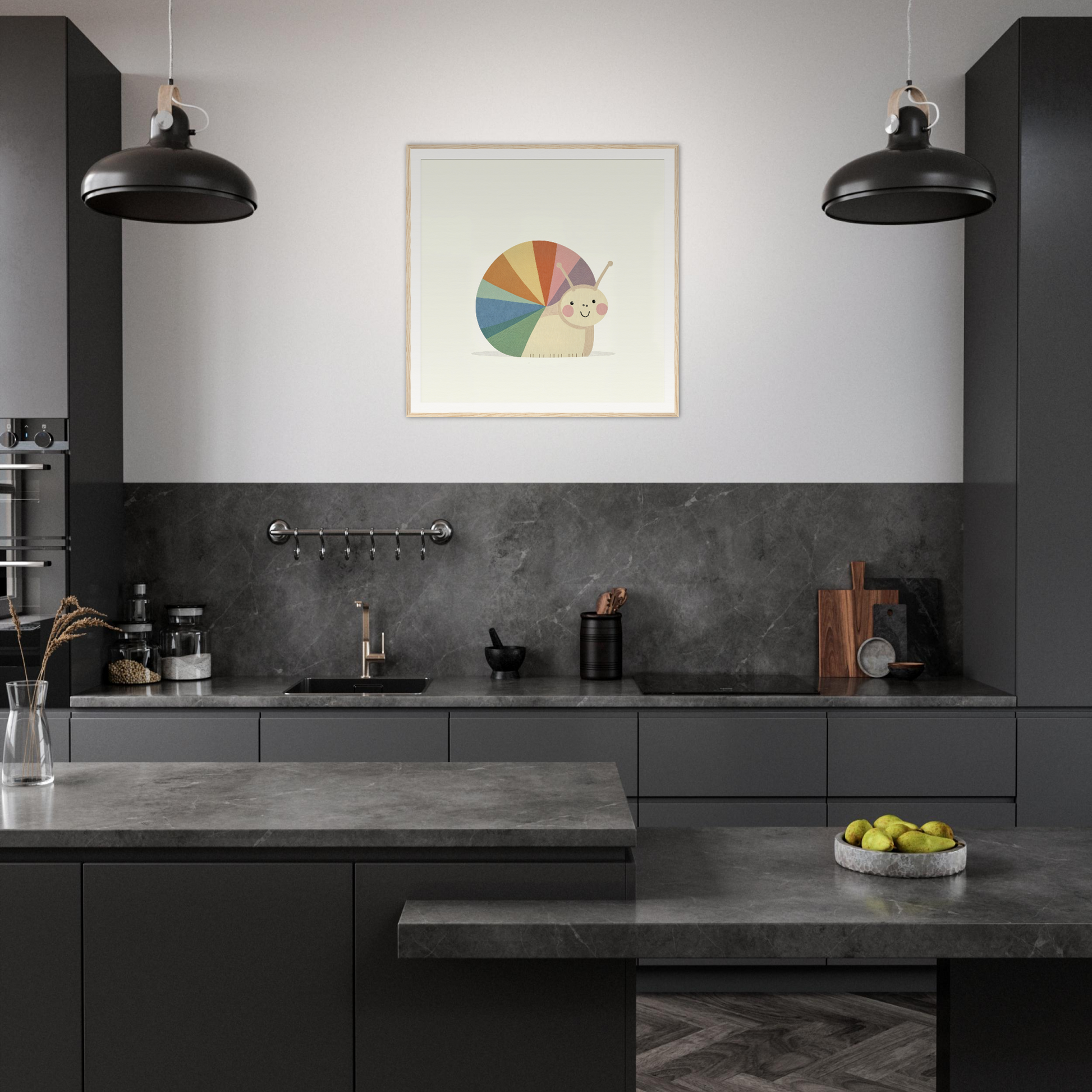 Modern dark kitchen featuring matte black cabinets and Snail’s Spiraling Symphony special edition art™