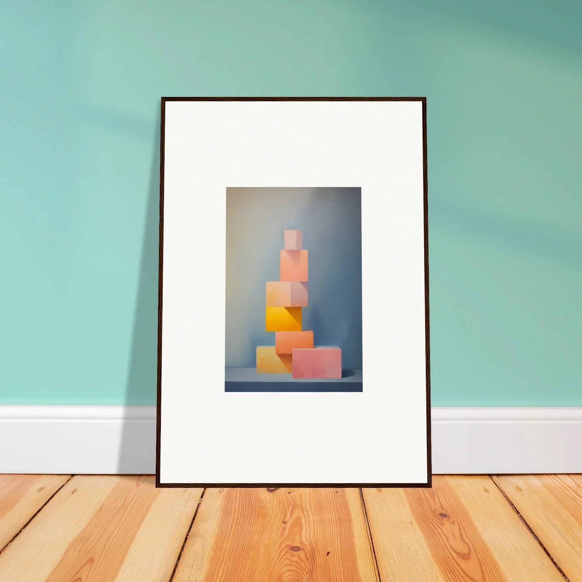 Framed Soapstone Tangerine Reverie artwork with pink and orange stacked geometric shapes