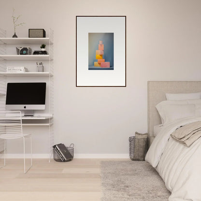 Modern bedroom workspace with Soapstone Tangerine Reverie art print and floating shelves