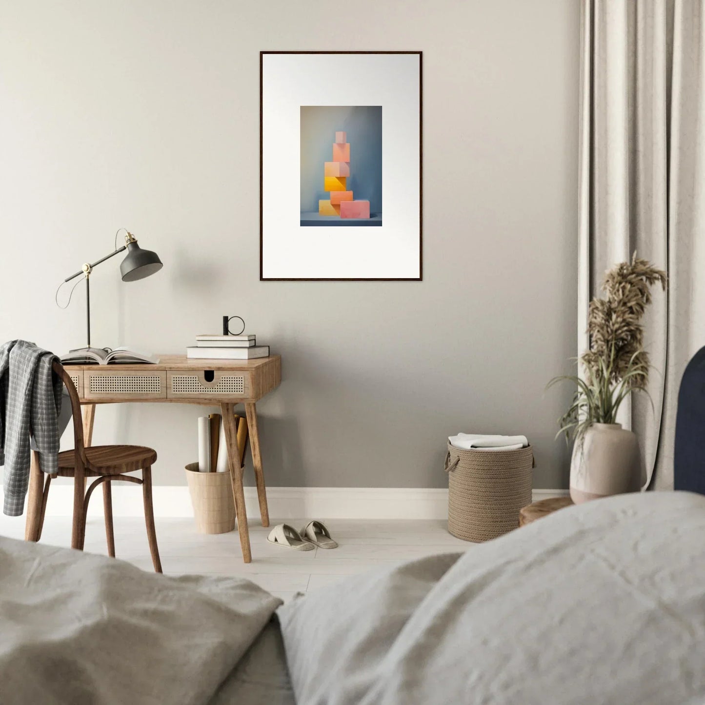 Framed abstract art in orange and blue on gray wall for Soapstone Tangerine Reverie