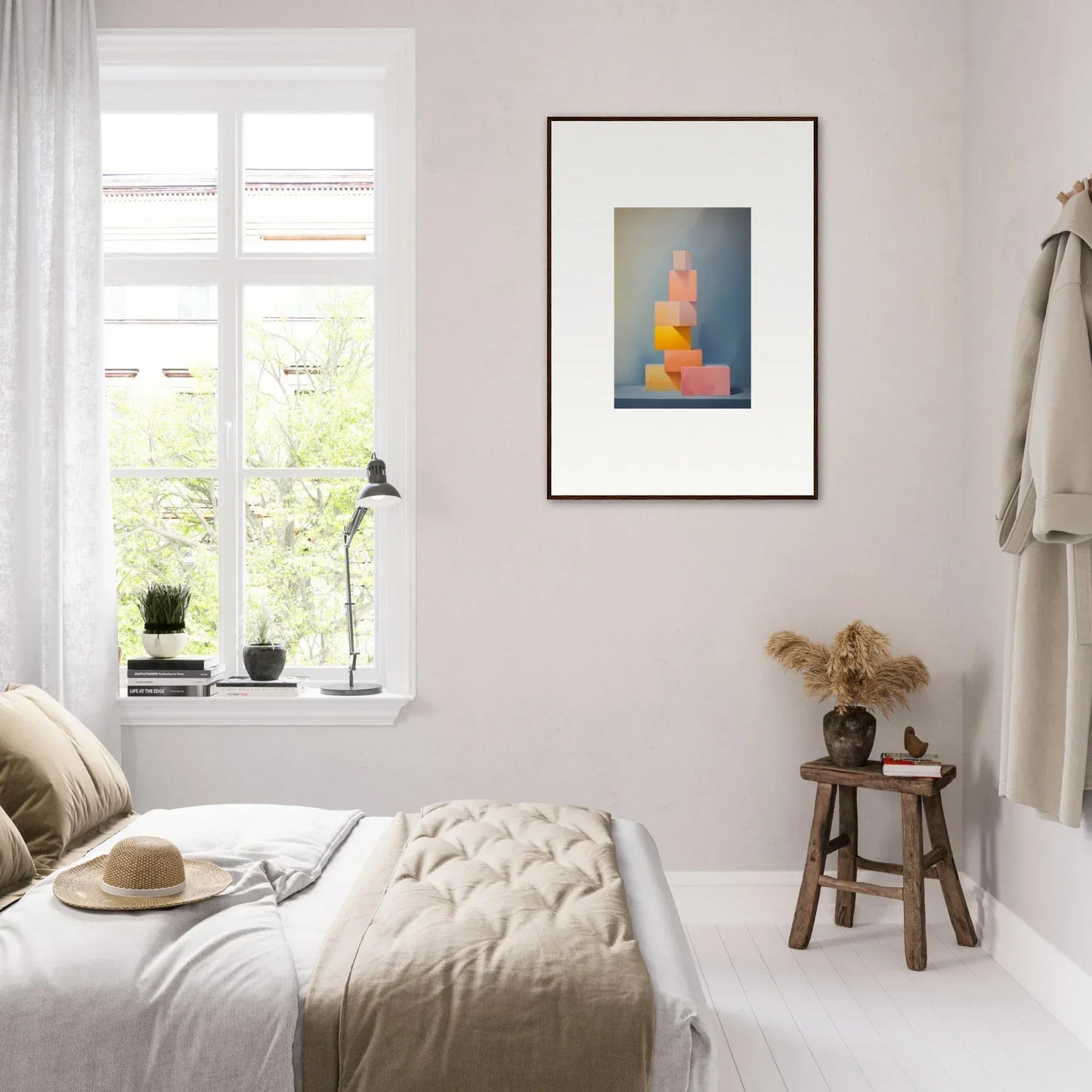 Minimalist bedroom with pale pink walls and natural light featuring Soapstone Tangerine Reverie