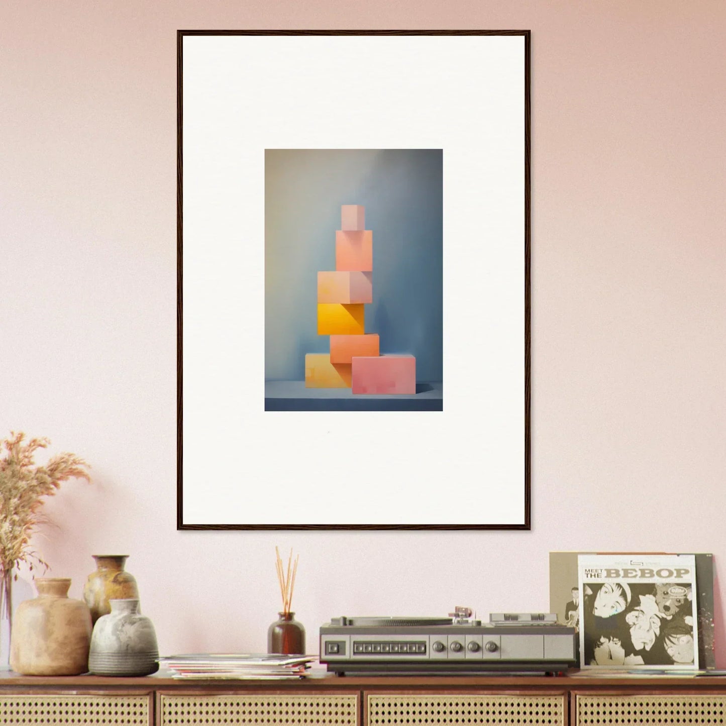 Framed art print of pastel geometric cubes from Soapstone Tangerine Reverie