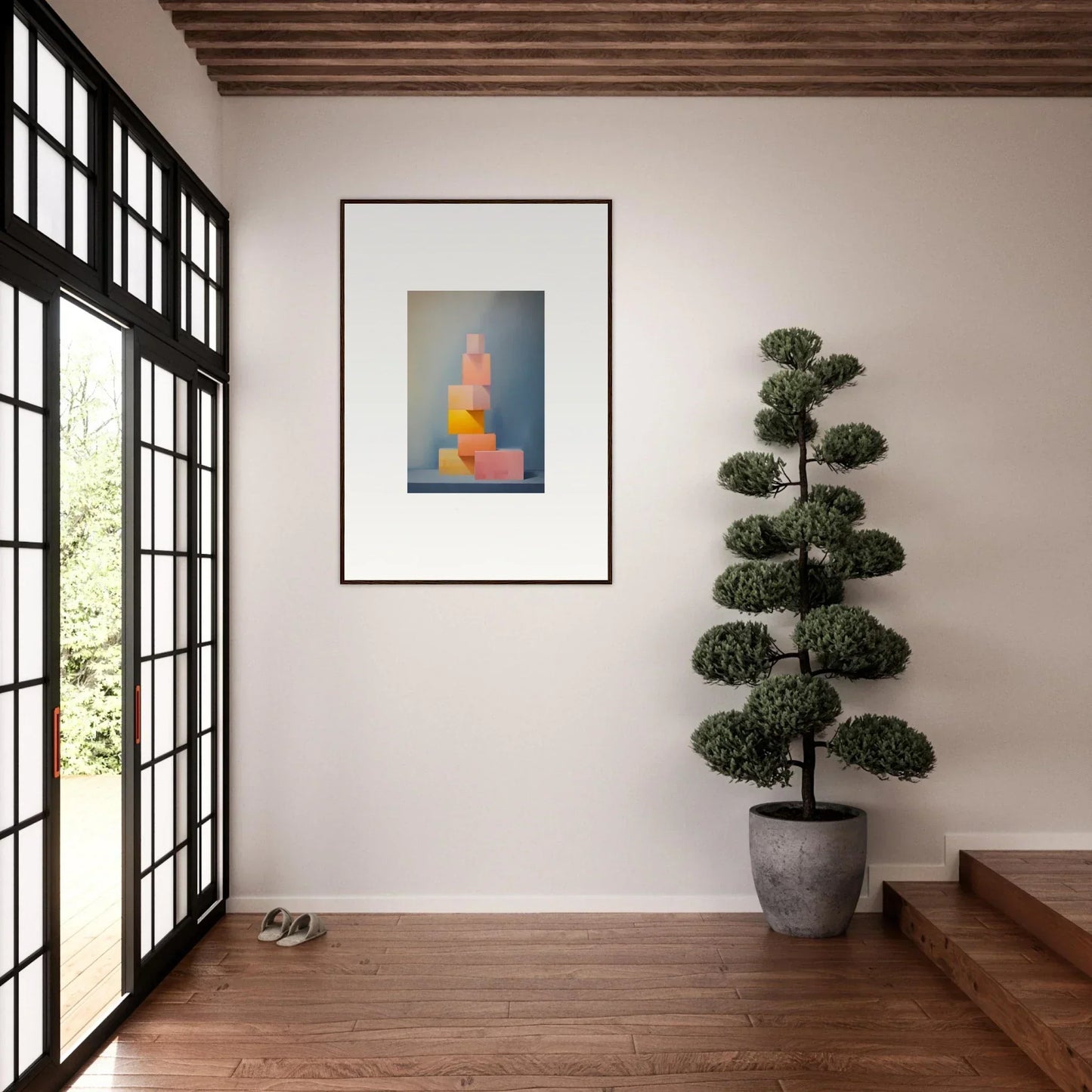 Framed abstract art print of stacked shapes in orange and yellow for Soapstone Tangerine Reverie