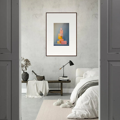 Framed Soapstone Tangerine Reverie artwork with stacked geometric shapes in orange and yellow