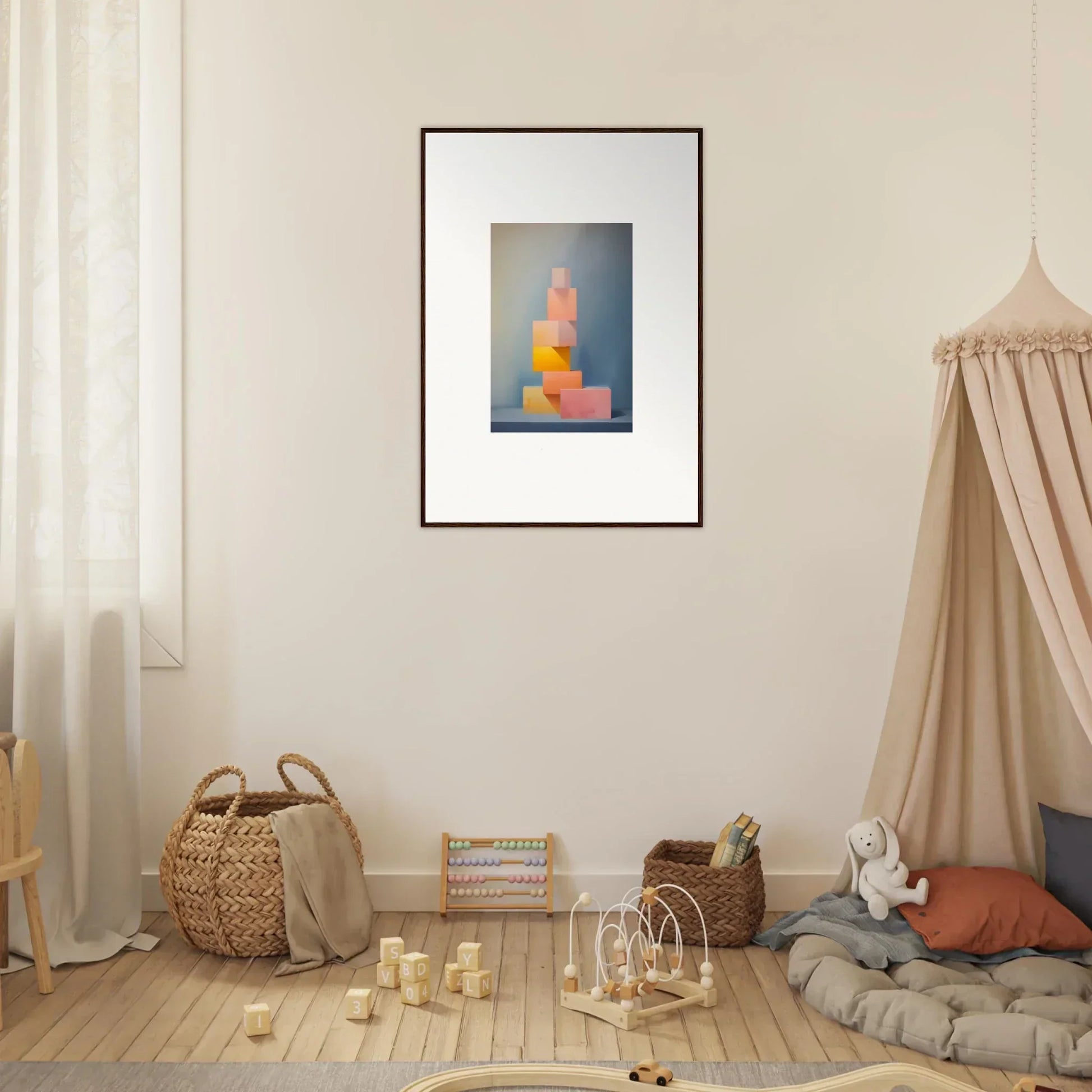 Framed abstract art print Soapstone Tangerine Reverie with colorful geometric shapes