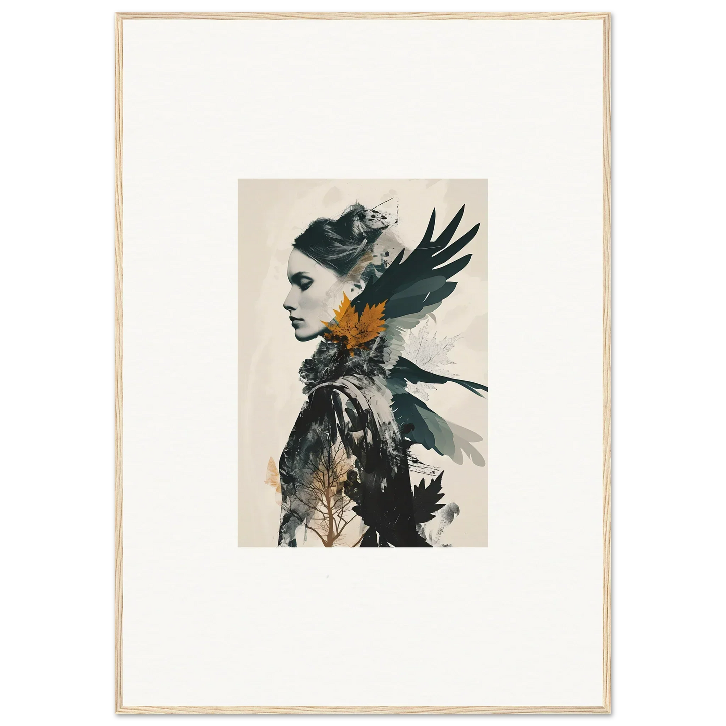 Artistic canvas print of a woman’s profile blended with dark birds for unique wall art