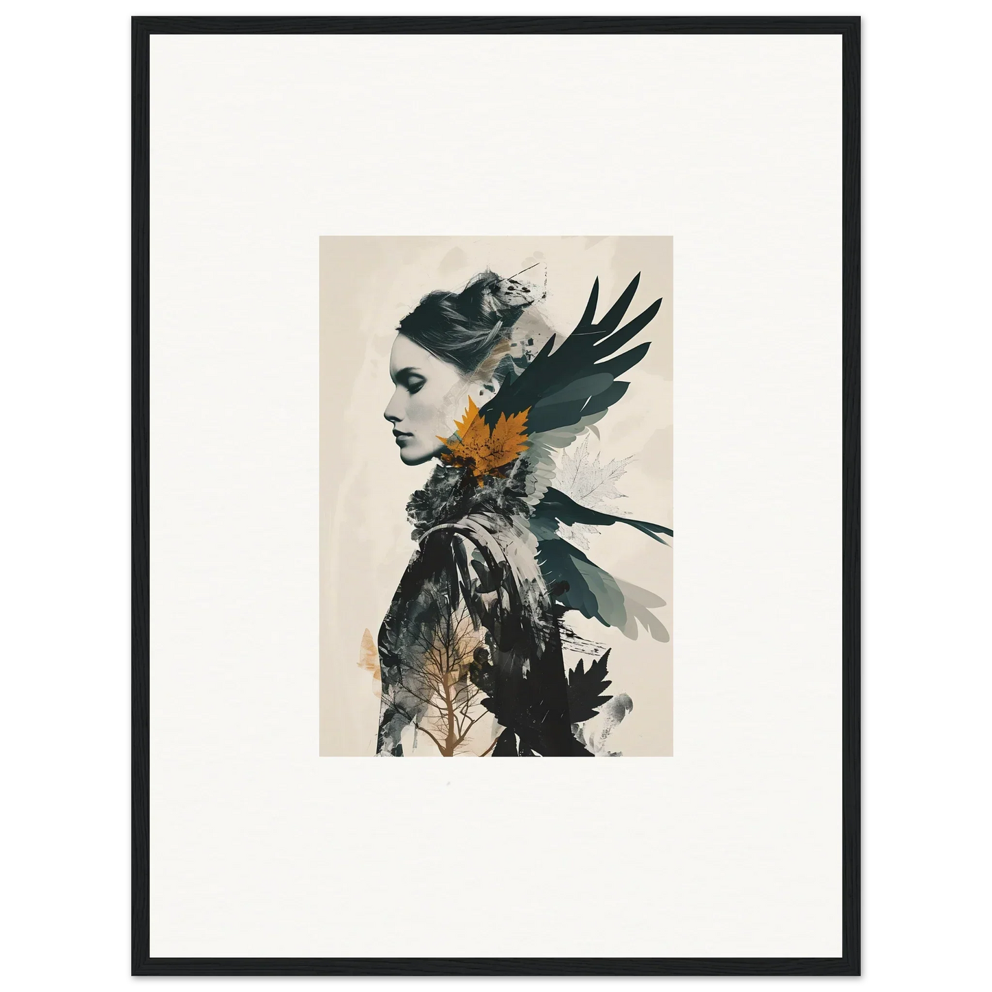 Artistic wall art of a woman’s profile with bird elements and orange for room decoration