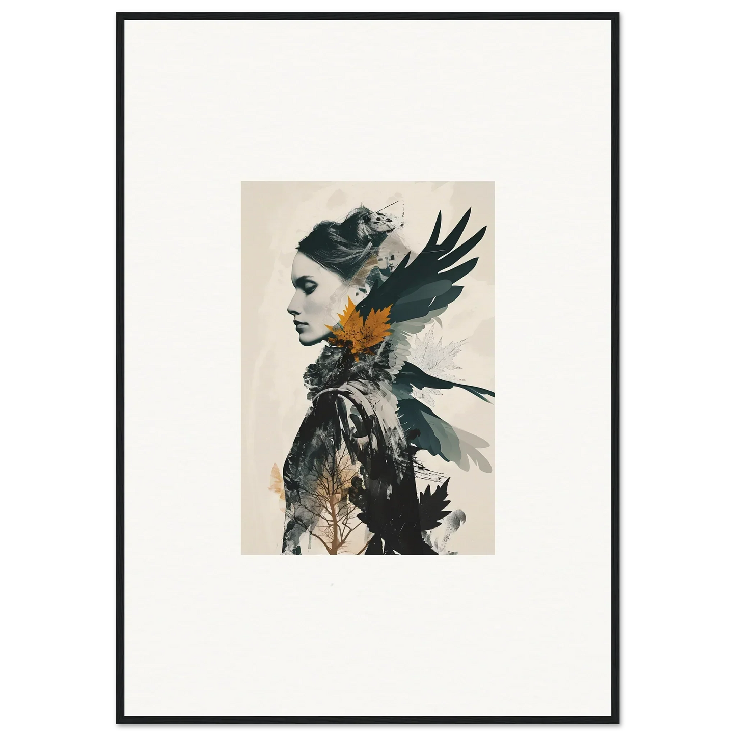 Artistic canvas print featuring a woman’s profile blended with dark bird imagery for room decoration