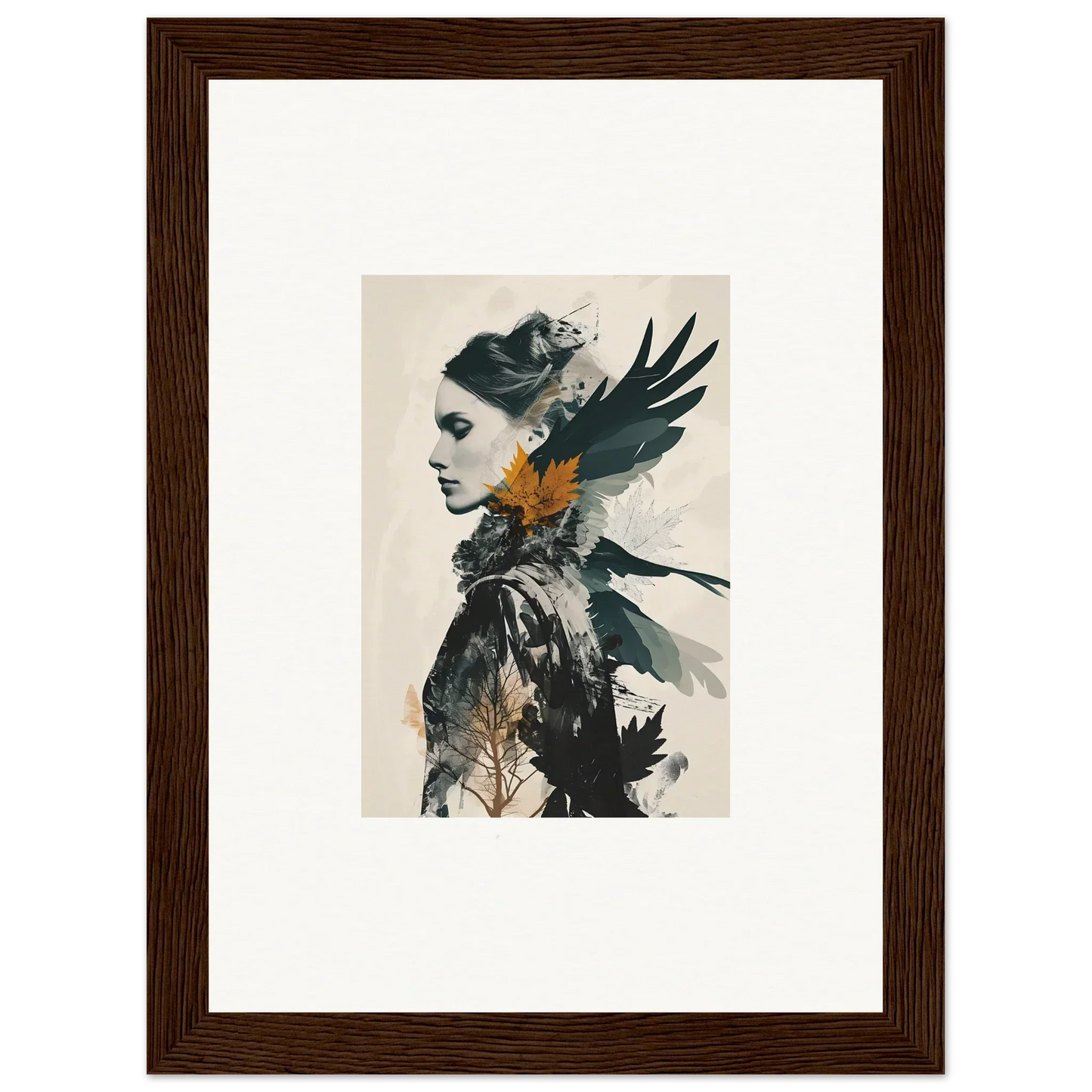 Artistic canvas print of a woman’s profile merging with dark bird imagery for cool room decoration