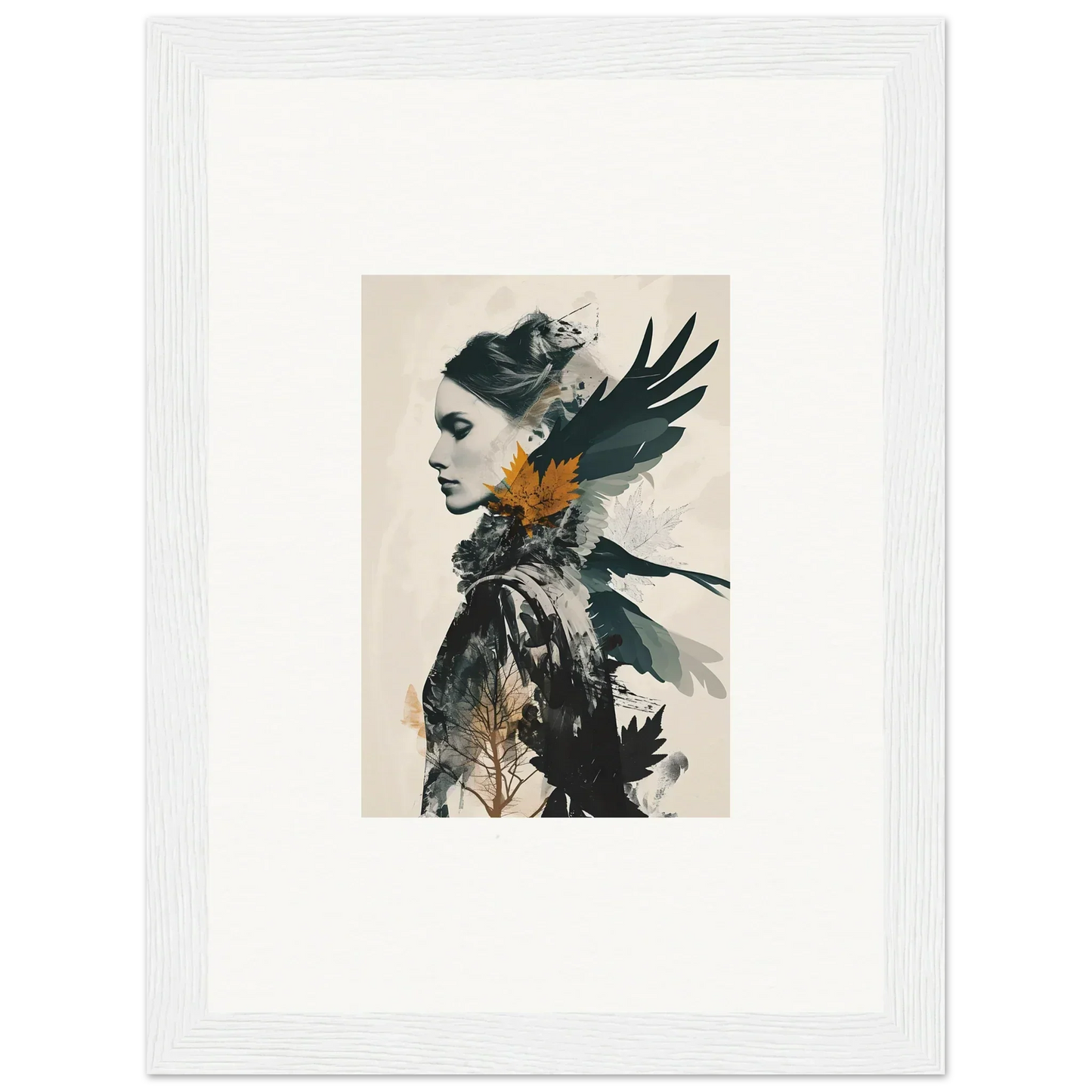 Artistic canvas print of a woman’s profile with dark bird elements for unique wall art