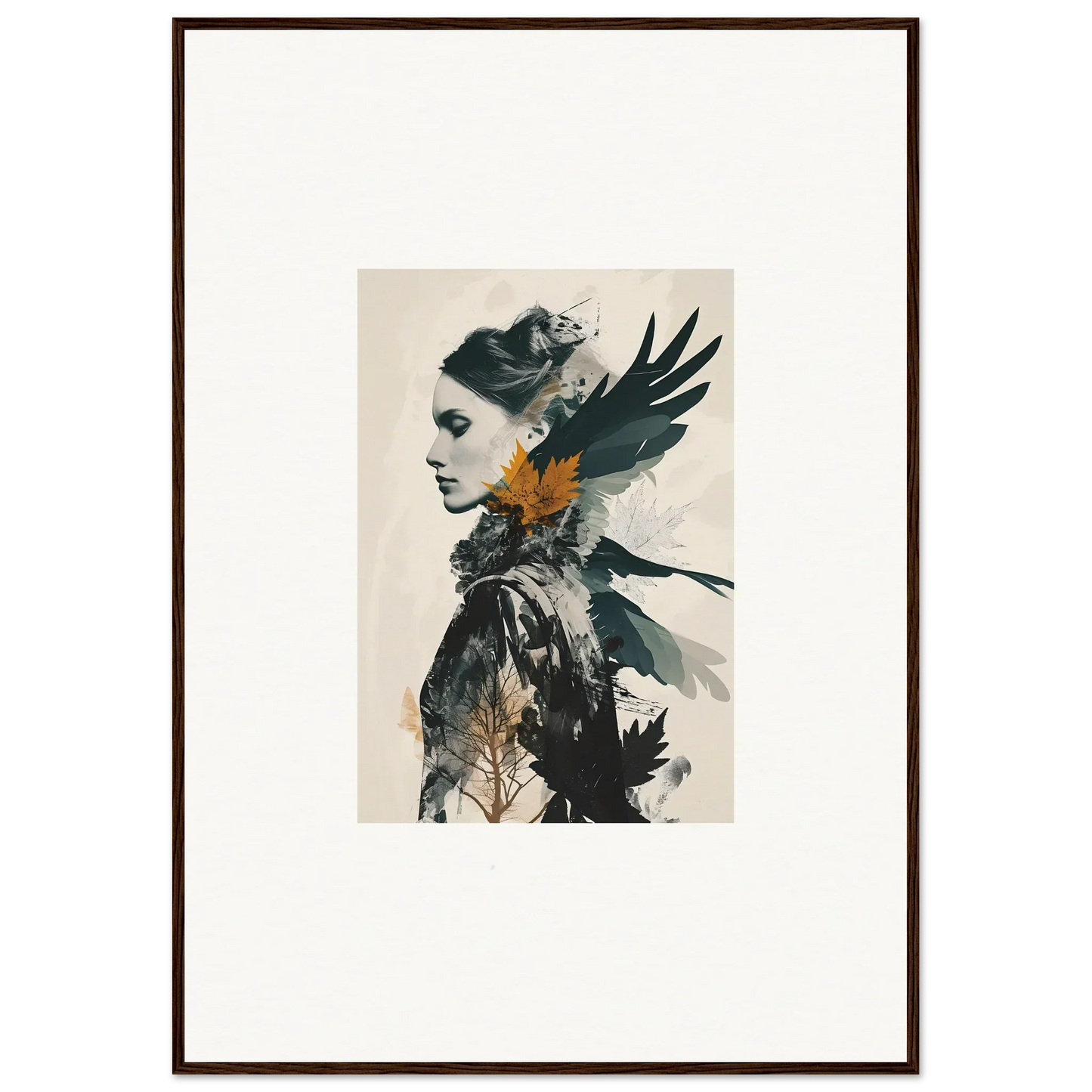 Artistic canvas print of a woman’s profile with bird elements for stylish room decoration