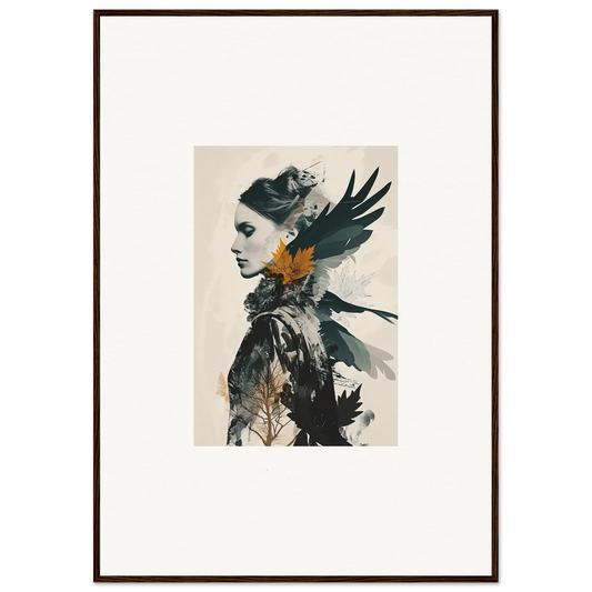 Artistic canvas print of a woman’s profile with bird elements for stylish room decoration