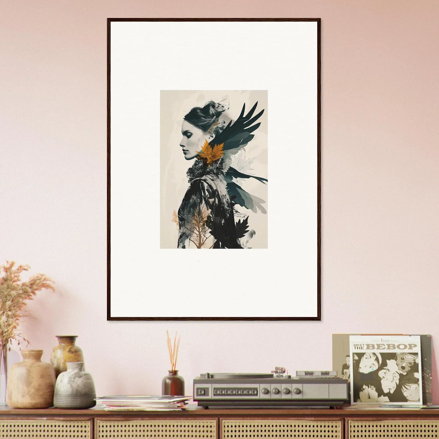 Framed canvas print of a profile portrait with bird elements for unique room decoration