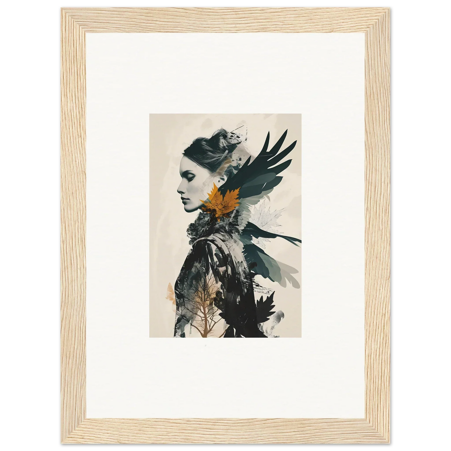 Framed canvas print of a woman’s profile with bird-like elements for unique room decoration