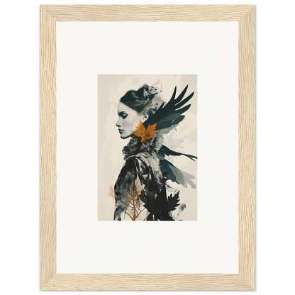 Framed canvas print of a woman’s profile with bird-like elements for unique room decoration