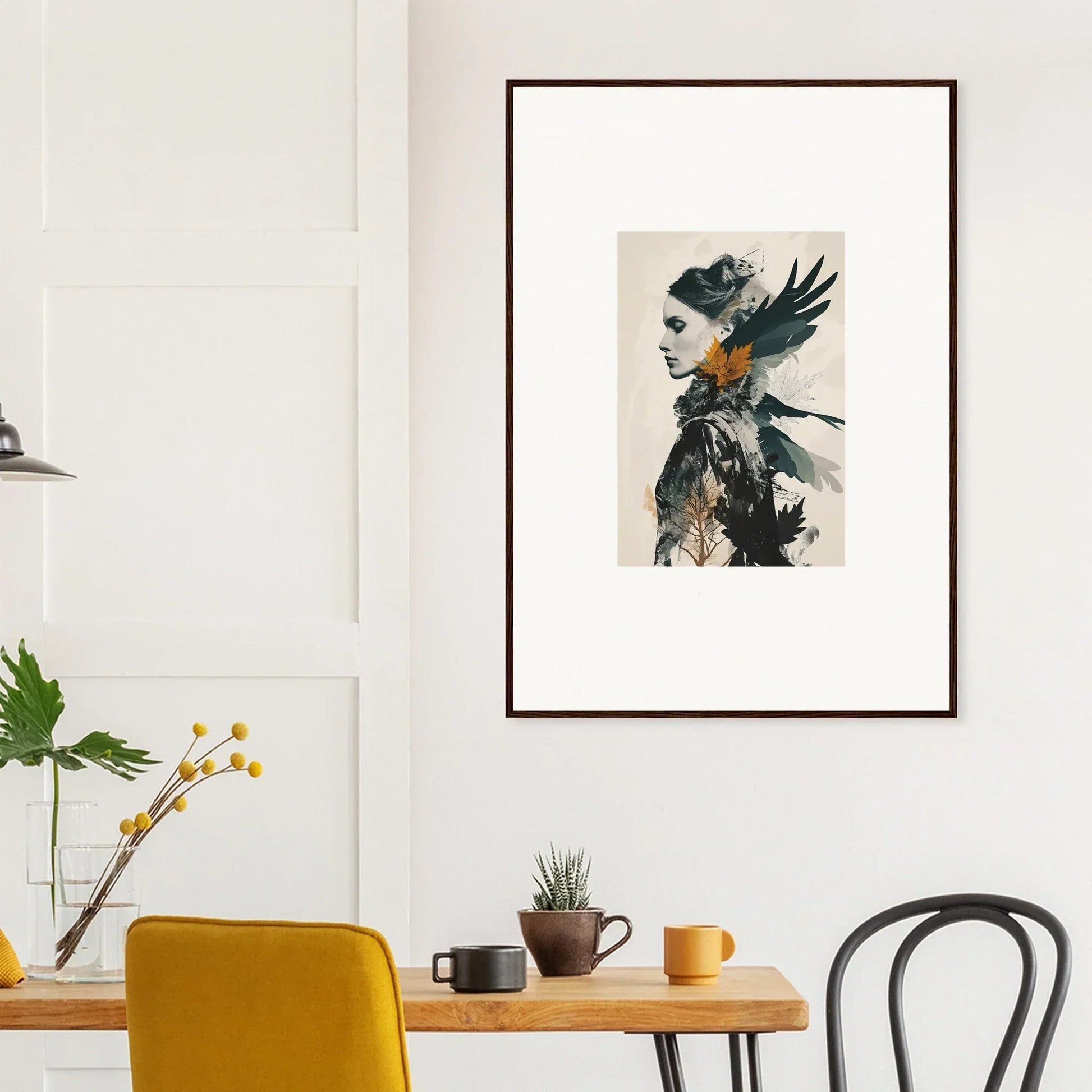 Framed canvas print of a figure with dark feathers for stunning room decoration