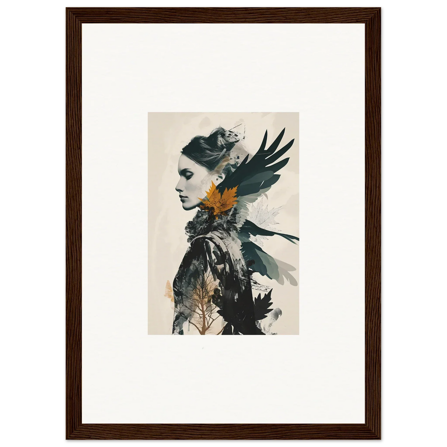 Artistic canvas print of a woman’s profile with bird imagery for unique wall art