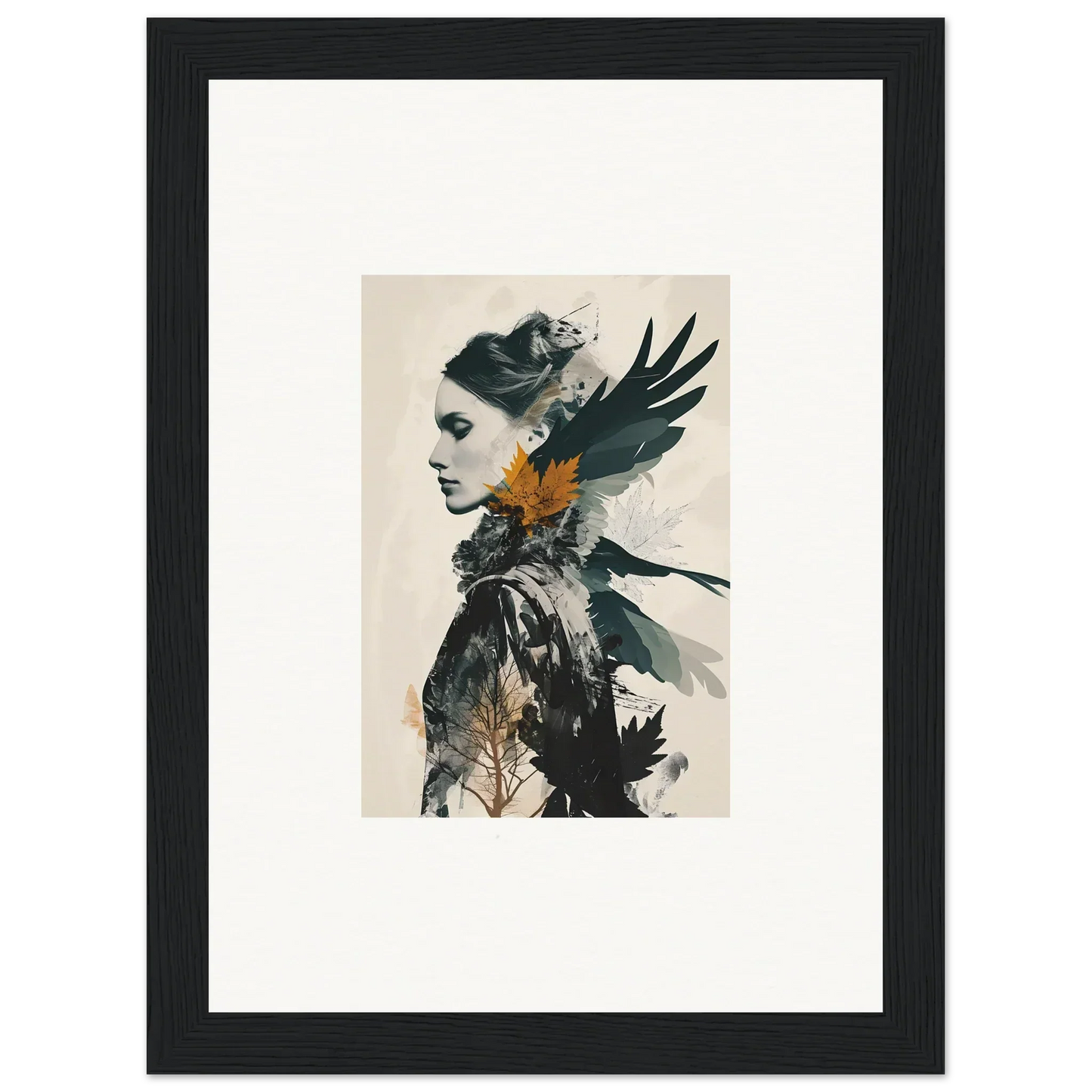 Artistic canvas print of a woman’s profile with dark bird wings, perfect wall art