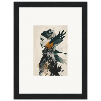 Artistic canvas print of a woman’s profile with dark bird wings, perfect wall art