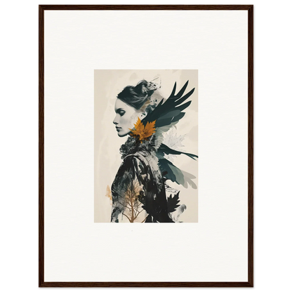 Artistic canvas print of a woman’s profile with bird elements, perfect wall art for room decoration