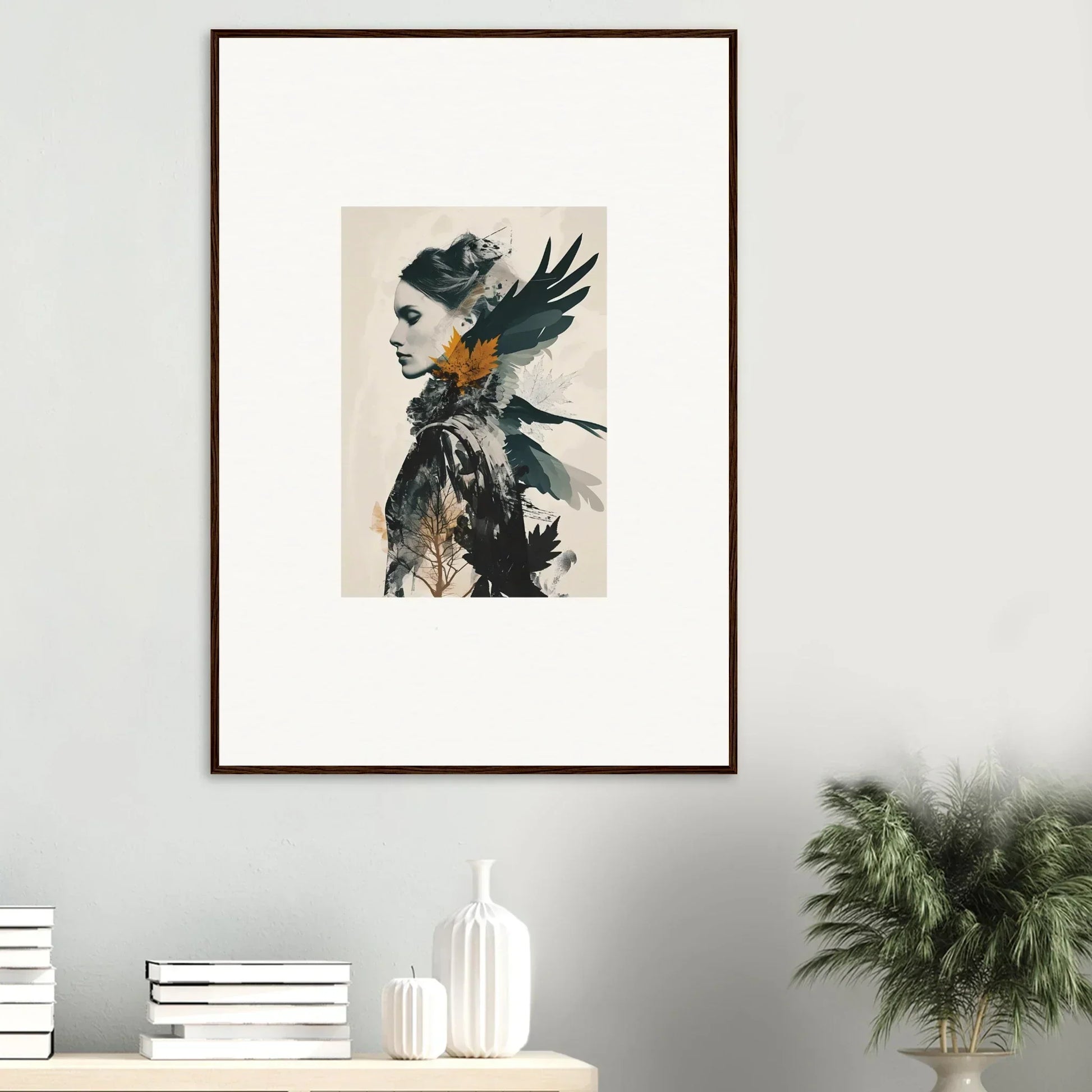 Framed canvas print of a profile portrait blended with bird imagery for unique room decoration