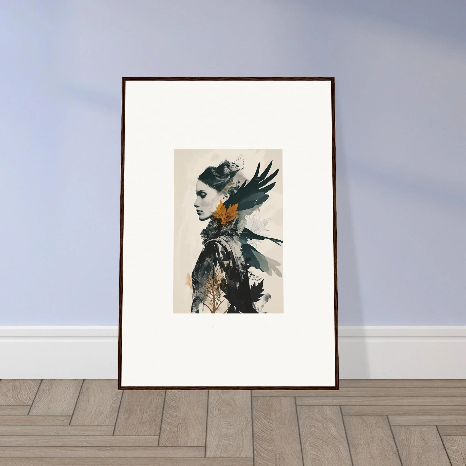 Surreal wall art of a bird-like figure, perfect for unique room decoration