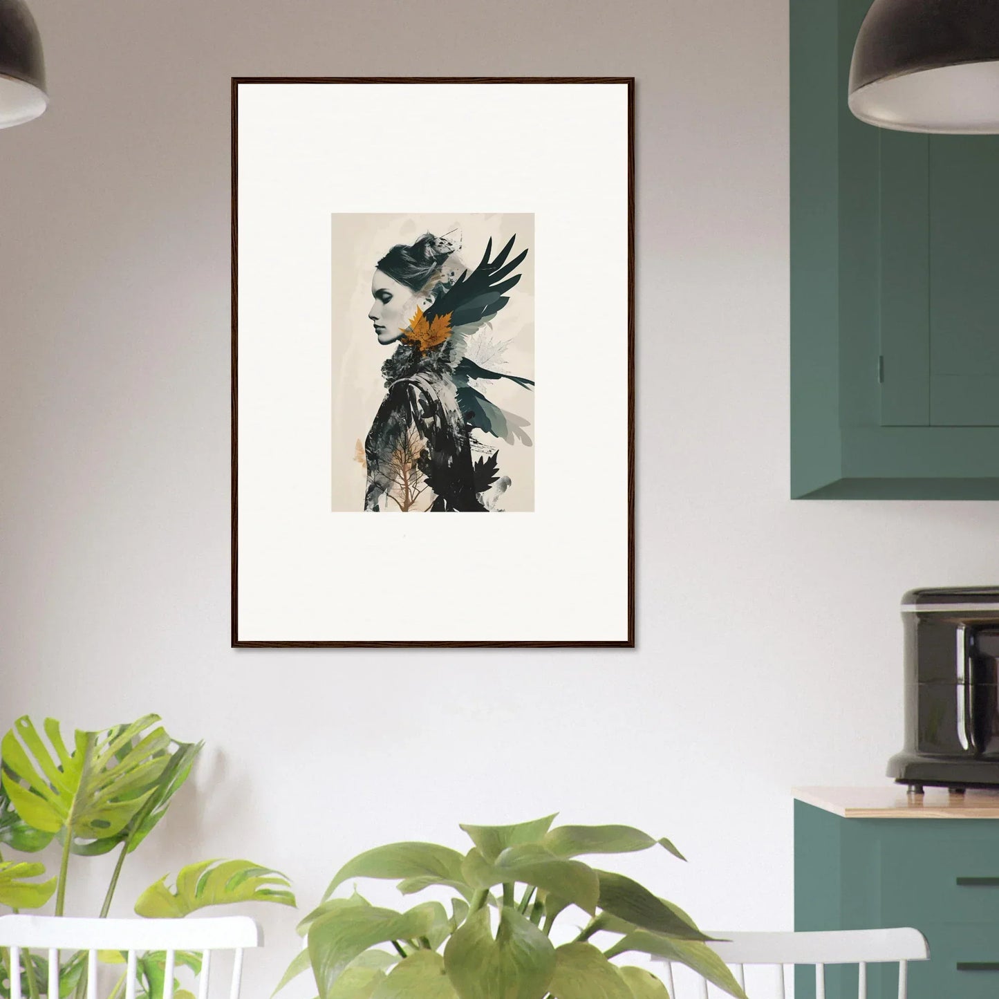 Surreal canvas print of a person with bird-like features for unique room decoration