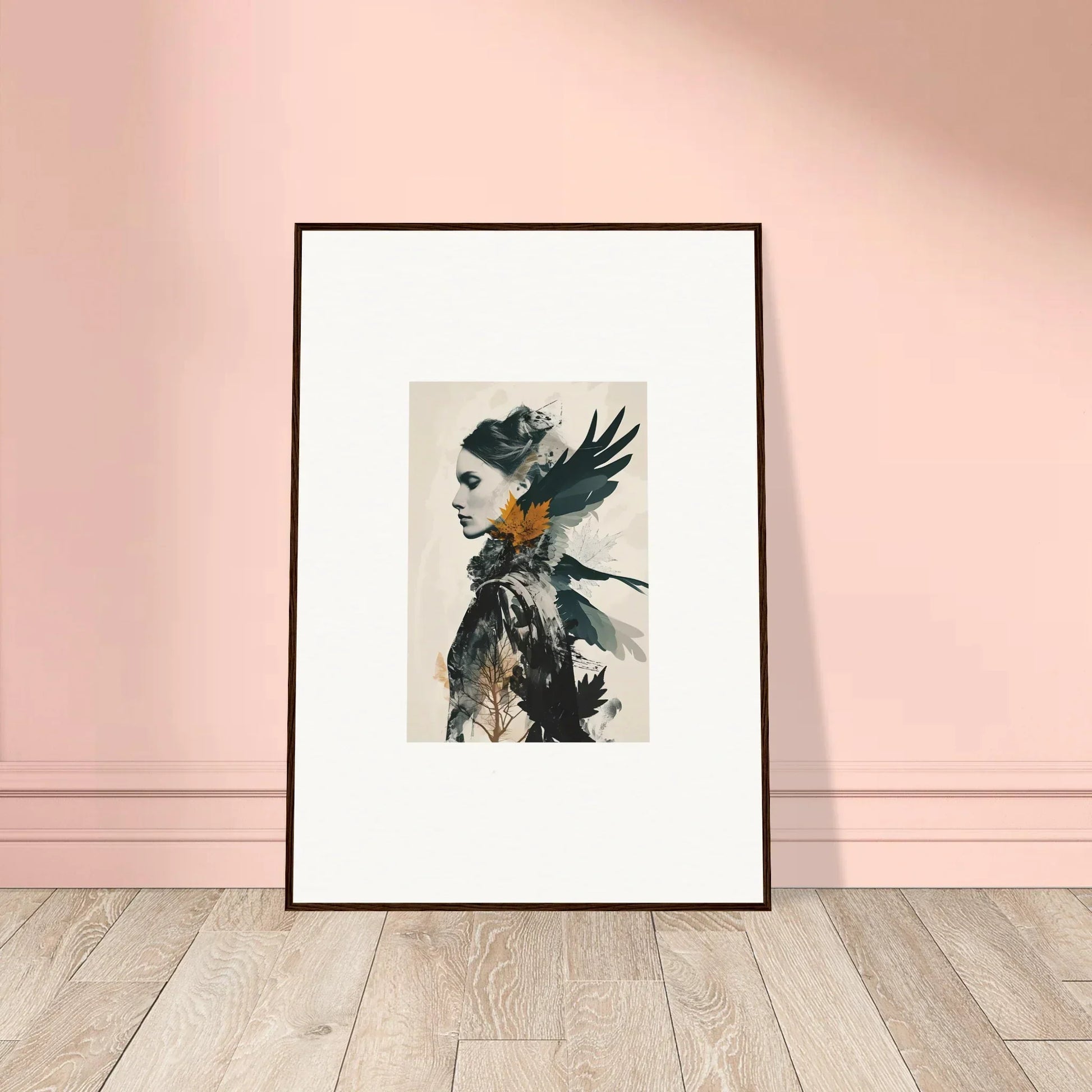 Framed canvas print of a figure with dark wings for stylish room decoration