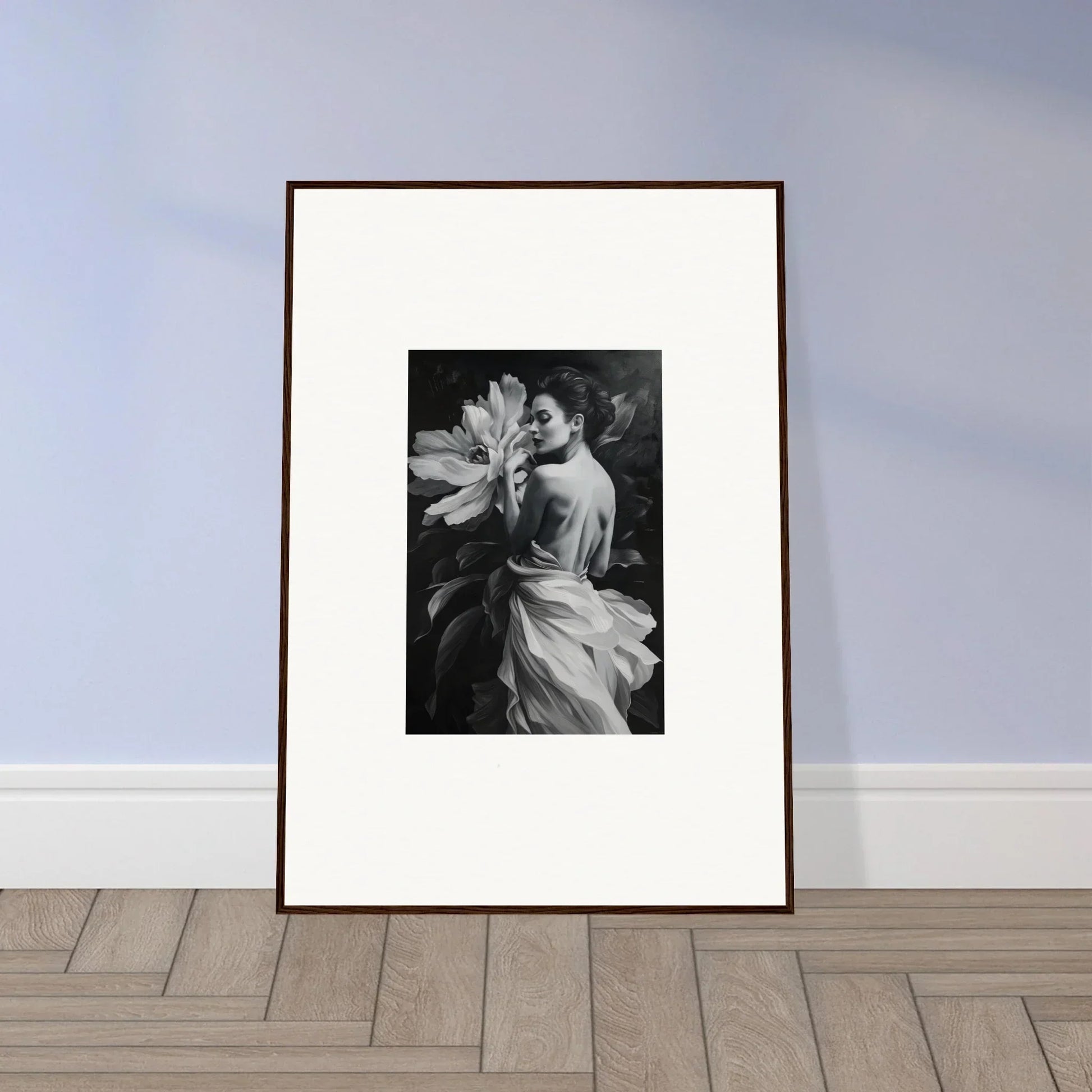 Framed black and white photo of person with a large flower for Blossom Rhapsody decor